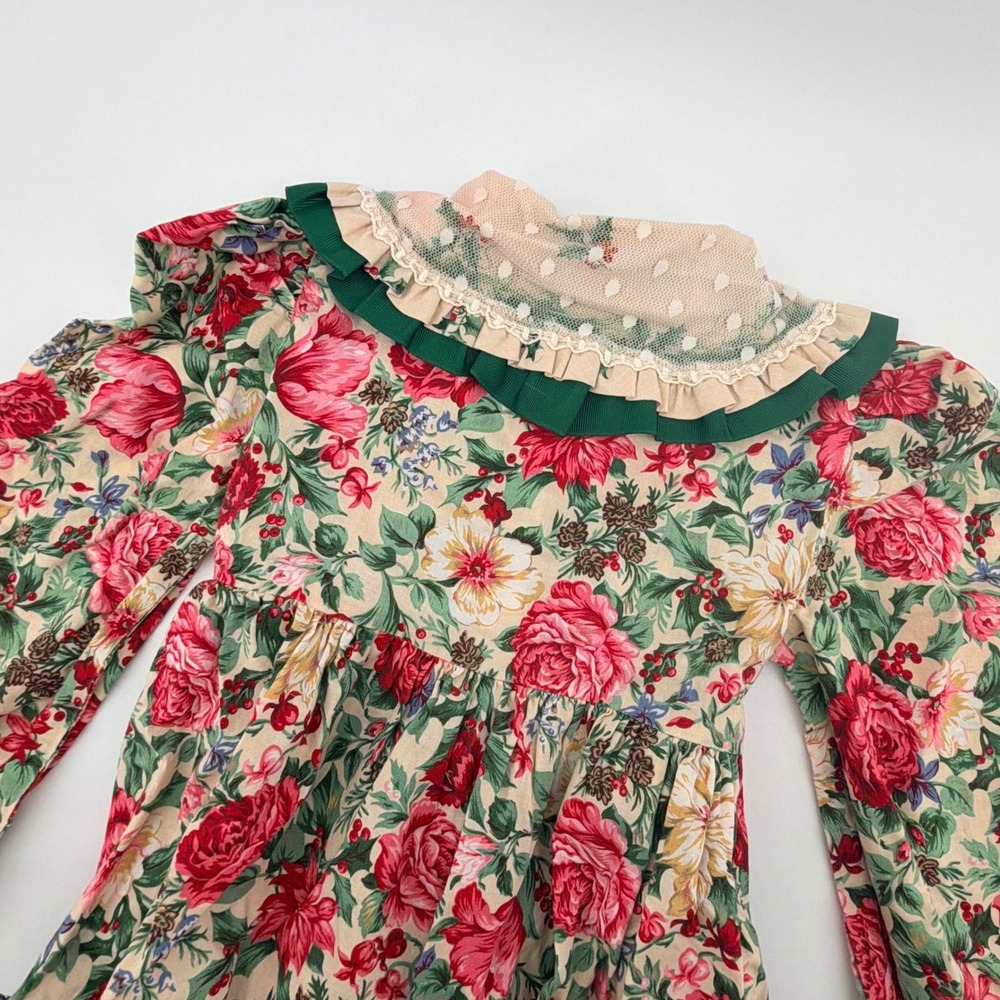 Sarah Kent Floral Holiday Dress Kids 6X Red Green Vintage Lace Collar 1090-31